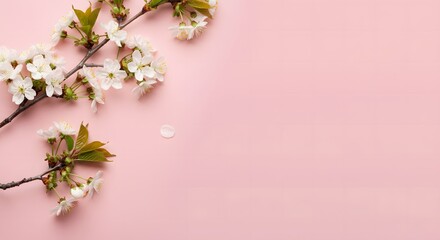 Cherry tree blossom. April floral nature and spring sakura blossom on soft pink background. Banner for 8 march, Happy Easter with place for text. Springtime concept. Top view. Flat lay