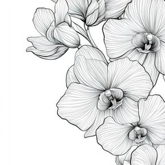 Monochrome orchid blossoms, detailed line art.