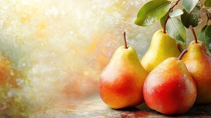 Four ripe pears with leaves, vibrant colors. Perfect for healthy food, autumn, harvest themes.