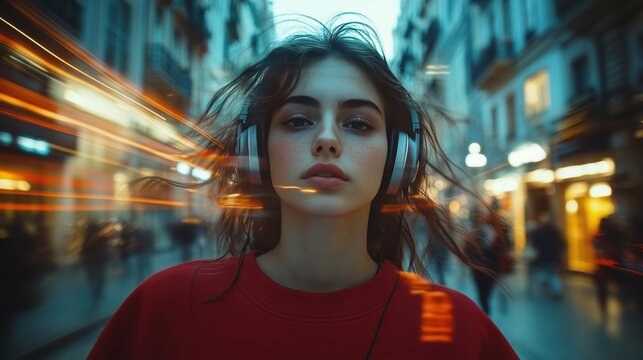photo a Hipster woman, listens to music on headphones, in a red oversize sweatshirt, looks at the camera, in the center of the big city, slow shutter speed effect