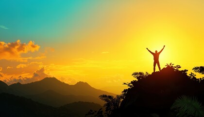 A hiker reaching the summit of a trail, arms raised in victory with an expansive view below