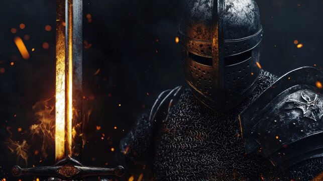 A knight in shining armor holding a glowing sword, standing before a dark cave entrance