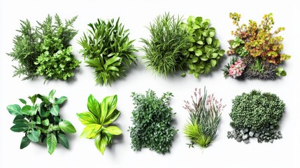 Naklejka premium 83.A set of realistic green plants in 3D vector, showcasing a mix of grass, herbs, and small bushes, each with vibrant colors and intricate leaf details. The plants appear fresh and natural against a