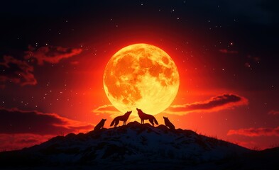 A pack of wolves howling at the full moon atop a snow-covered ridge