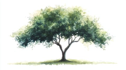 Obraz premium 20.A watercolor-style side view of a tree, showcasing its lush green canopy with layers of leaves painted in soft brushstrokes. The tree stands tall with branches that spread out naturally, creating
