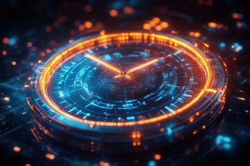 Obraz premium Futuristic clock design with glowing elements in a digital environment.