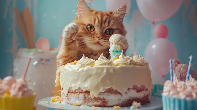 A playful cat enjoying a delicious cake with colorful decorations and festive atmosphere.