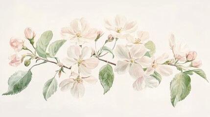 Fototapeta premium 80.A watercolor illustration of a small, blooming shrub, with pale pink flowers and light green leaves in a soft, flowing arrangement. The watercolor style blends gently from one color to the next,