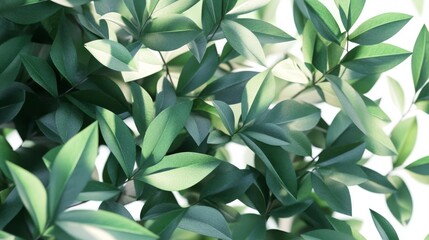 75.A close-up, hyper-realistic view of vibrant green garden bushes, each leaf showing intricate vein patterns and slight color variations from dark to light green. The bushes appear full and lush,