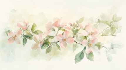 Obraz premium 80.A watercolor illustration of a small, blooming shrub, with pale pink flowers and light green leaves in a soft, flowing arrangement. The watercolor style blends gently from one color to the next,