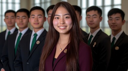 Obraz premium Young Woman Leader with Confident Male Team in Suits