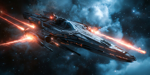 A spaceship fires lasers in a nebula. Sci-fi illustration