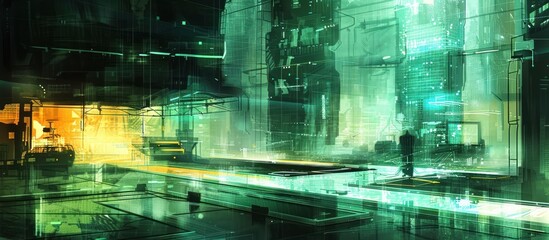 Futuristic cityscape with glowing green structures and a lone figure.