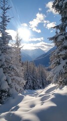 Obraz premium Winter Forest with Snow-Covered Mountains and Blue Sky