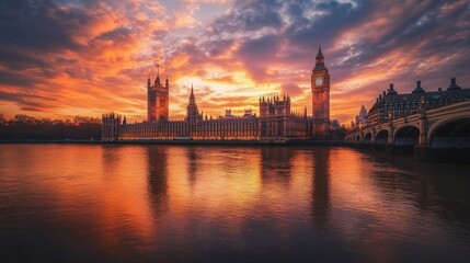 Obraz premium stunning sunset over historic architecture by the river