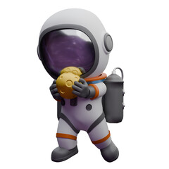 Astronaut Chibi Adventure Character in Cartoon Style. A chibi astronaut stands holding a moon toy with both hands. Creative 3D Model