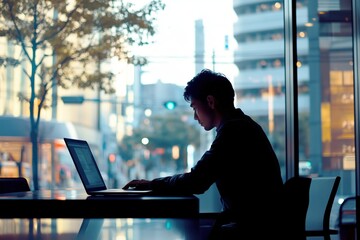 Silhouette of Professional Man Working on Laptop in Modern Urban Cafe with Scenic City View and Ambient Lighting