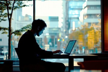 Focused Professional Working on Laptop in Modern Urban Cafe with Cityscape View and Natural Lighting. Business Concept