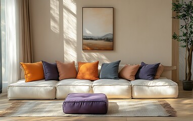 Fototapeta premium Modern living room with comfortable modular sofa, colorful cushions, artwork, and sunlight.