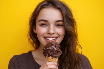 Smiling woman enjoys chocolate ice cream cone. Perfect for food blogs, advertising, or summer themes.
