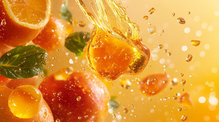 Fresh orange juice splashing among ripe oranges and mint leaves