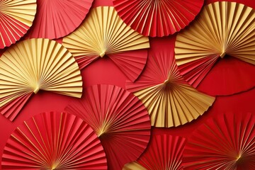 Red and gold paper fans arranged on red background. Perfect for Lunar New Year, Asian celebrations, or elegant design projects.
