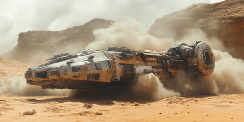 Fototapeta premium A spaceship crash-lands on a desolate, sandy desert planet,