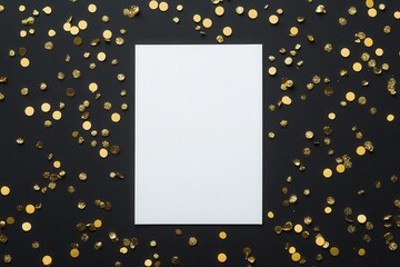 White card on black background with gold confetti. Perfect for invitations, announcements, or celebratory designs.