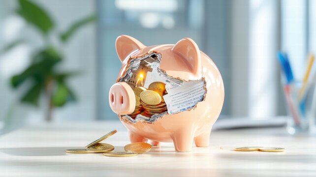 A piggy bank with a metallic interior and scattered coins symbolizes savings and financial growth in a modern setting.