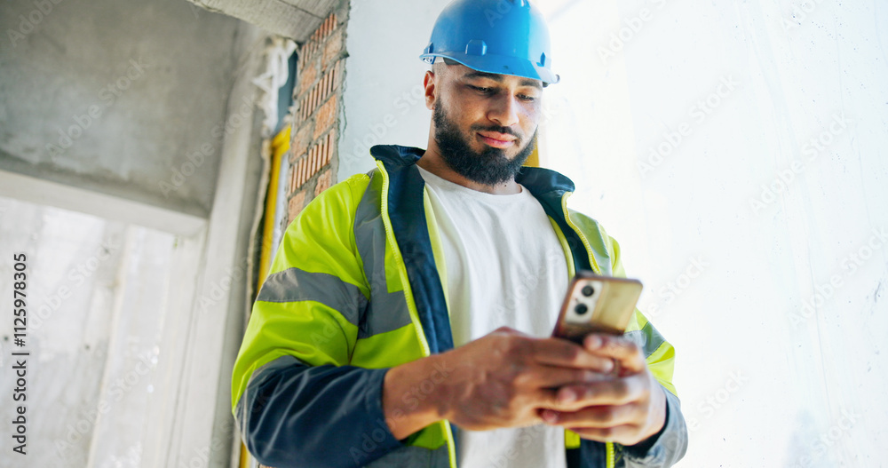 Aufkleber Man, phone and construction worker with texting, reading and contact with info for building development. Engineer, smartphone and chat with low angle, notification and click on mobile app at property
