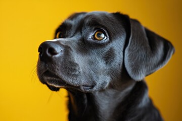 black dog portrait with yellow background