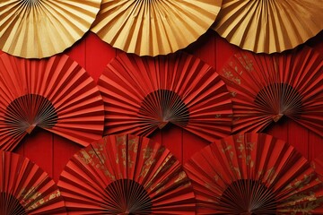 Red and gold paper fans on red wood. Perfect for Lunar New Year, Asian themes, or festive backgrounds.
