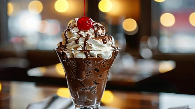 Indulge in delicious chocolate sundae topped with whipped cream and cherry, served in glass, making it perfect sweet treat for dessert lovers!