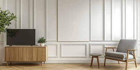 Modern living room interior with TV on cabinet, armchair and plants.
