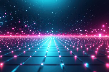 Futuristic digital landscape with glowing grids and vibrant particles.