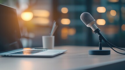 Modern Creative Workspace for Live Broadcasts with Laptop, Microphone, and Camera Setup