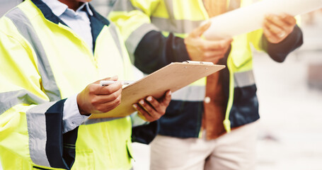 People, clipboard or hands with architect for construction checklist, inspection or planning in...