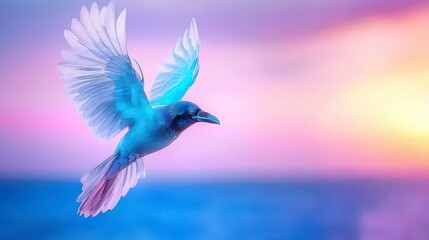 Obraz premium Majestic Blue Raven in Flight Sunset Sky Wings Spread Wide