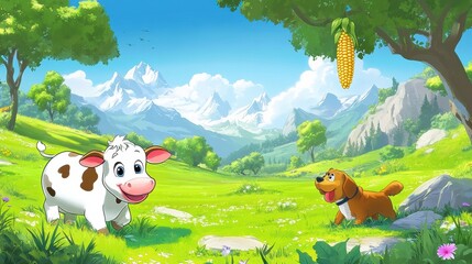 Naklejka premium Cute cows and puppies playing on the grass