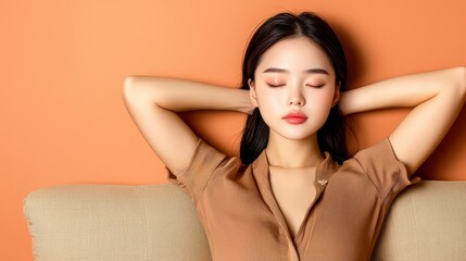 Naklejka premium Relaxed Young Woman Resting on Sofa Calm Peaceful Home Scene Serene Asian Female
