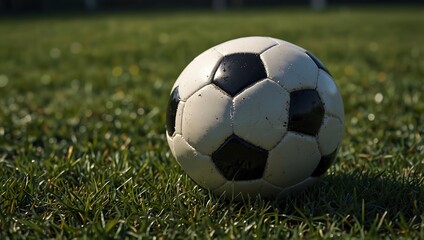 Fototapeta premium A slightly dirty soccer ball rests on green grass