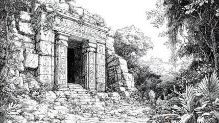 Overgrown stone temple entrance, jungle foliage.