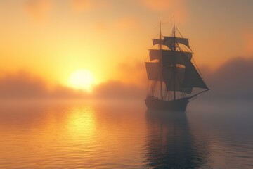 Fototapeta premium Sunset sailboat on calm sea, misty fog. Perfect for travel, adventure, freedom themes.