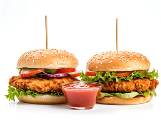 chicken burger, double burger with crispy chicken meat, salad and sauce isolated on white