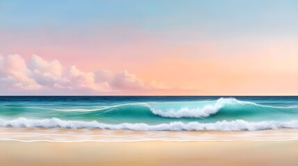 Obraz premium Gentle ocean waves rolling onto pale beige sand coastal serenity landscape art tranquil environment panoramic view nature concept