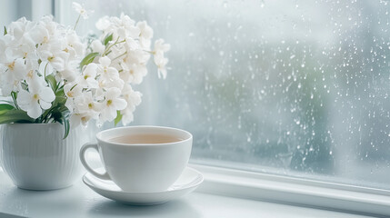A cup of cold tea left on the windowsill, a view of a grey and rainy day, soft diffused light highlighting the cool tones of the scene, an intimate and contemplative atmosphere.