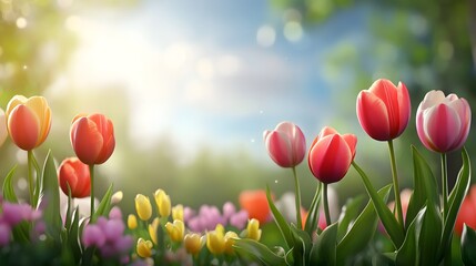 Vibrant tulip blooms in a serene garden nature photography springtime beauty soft light peaceful atmosphere