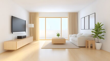 Fototapeta premium Contemporary minimalist living room design urban setting interior decor bright and airy atmosphere wide-angle view modern aesthetic
