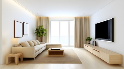 Minimalist living room design cream-colored walls interior decor modern home bright environment stylish yet functional concept