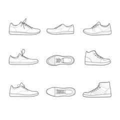 The clip art illustration of shoes features a grid consisting of several outlined shoe designs, showcasing various shoe styles.